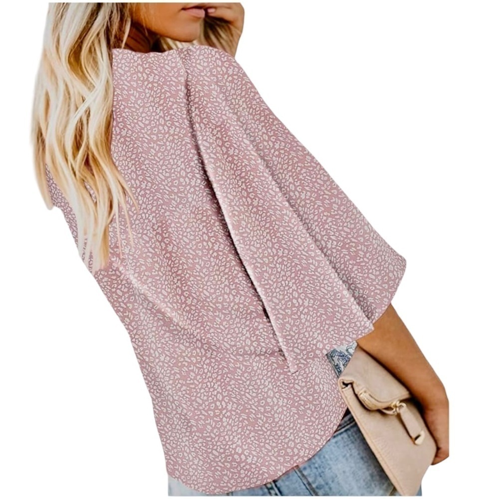 Bluetime NEW Pink & White Print V Neck 3/4 Sleeve Tie Front Top Women’s 2XL - Picture 2 of 9